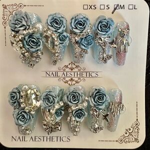 Blue and Silver Floral Nail Art Set